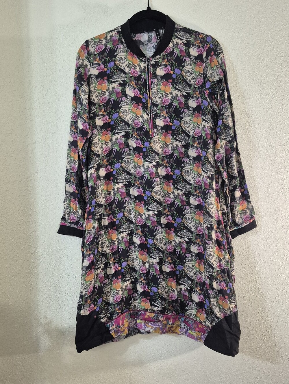 Floral Print Black Tunic Dress with Zip Neck